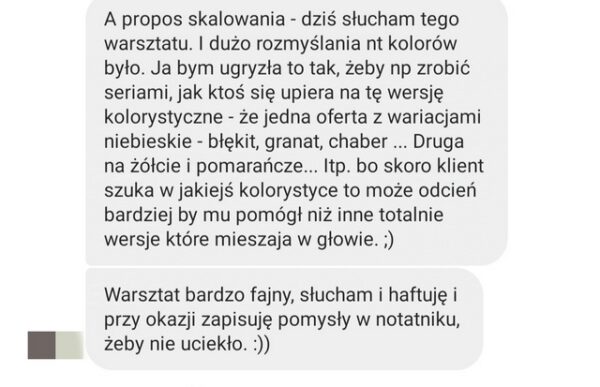 Opinia do warsztatu skalowanie sklepu na Etsy. Cytuję fragment "Warsztat bardzo fajny, słucham, haftuję i przy okazji zapisuję pomysły"