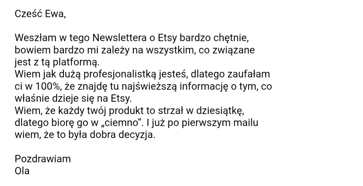 Grafika z rekomendacją uczestnika o Płatnym newsletterze, w którym dzielę się nowinkami ze świata Etsy. Pozytywna recenzja Programu Ewa mówi o sprzedaży na Etsy – uczestnik poleca szkolenie online