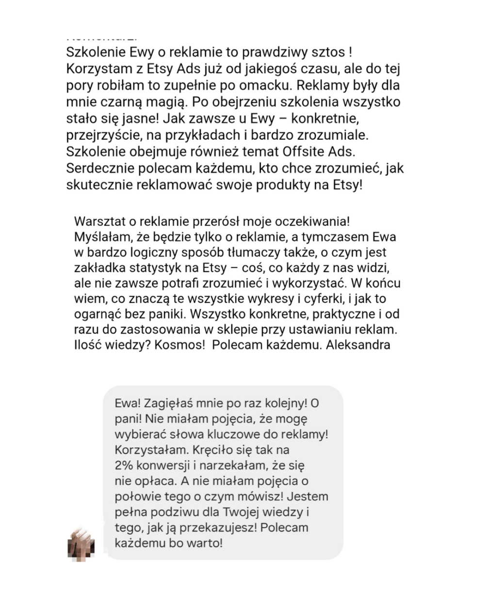 reklama na Etsy- opinie zadowolonych klientek Opinie zadowolonych klientek o warsztacie Reklama na Etsy