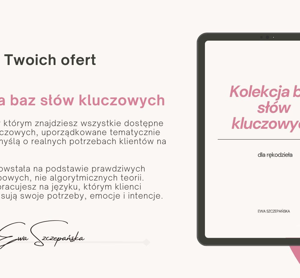 Minimalistyczna grafika „Kolekcja baz słów kluczowych”, jasne kremowe tło, elegancka typografia, spokojna estetyka, miejsce zebranych tematycznych baz słów dla sprzedawczyń na Etsy.
