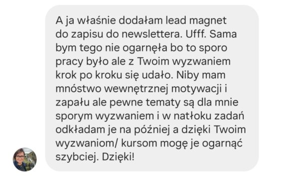 Opinia kursantki o skuteczności wyzwania w tworzeniu lead magnetu dla rękodzielniczek