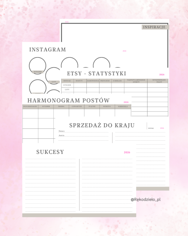Zorganizuj sprzedaż rękodzieła dzięki planerowi z miejscem na statystyki Etsy, harmonogram postów na Instagram oraz planowanie sukcesów. To niezbędne narzędzie dla każdej twórczyni planującej rozwój biznesu. Karty planera na 2026