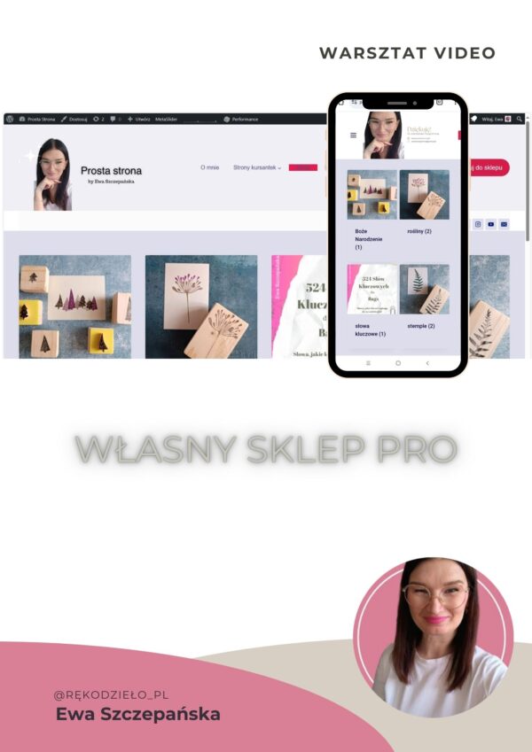 Grafika promująca kurs online „Sklep na WordPress (WooCommerce) – wersja rozbudowana”, dotyczący budowy funkcjonalnego sklepu z płatnościami, wysyłką, rabatami i automatyzacjami sprzedaży. Kurs „Sklep na WordPress WooCommerce – wersja rozbudowana” o tworzeniu rozbudowanego sklepu internetowego z płatnościami, wysyłką paczkomatem i rabatami.