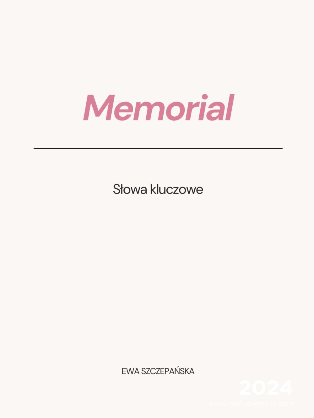 Minimalistyczna okładka pliku „Memorial – słowa kluczowe”, jasne kremowe tło, elegancka typografia, delikatna estetyka, spokojny i empatyczny charakter.