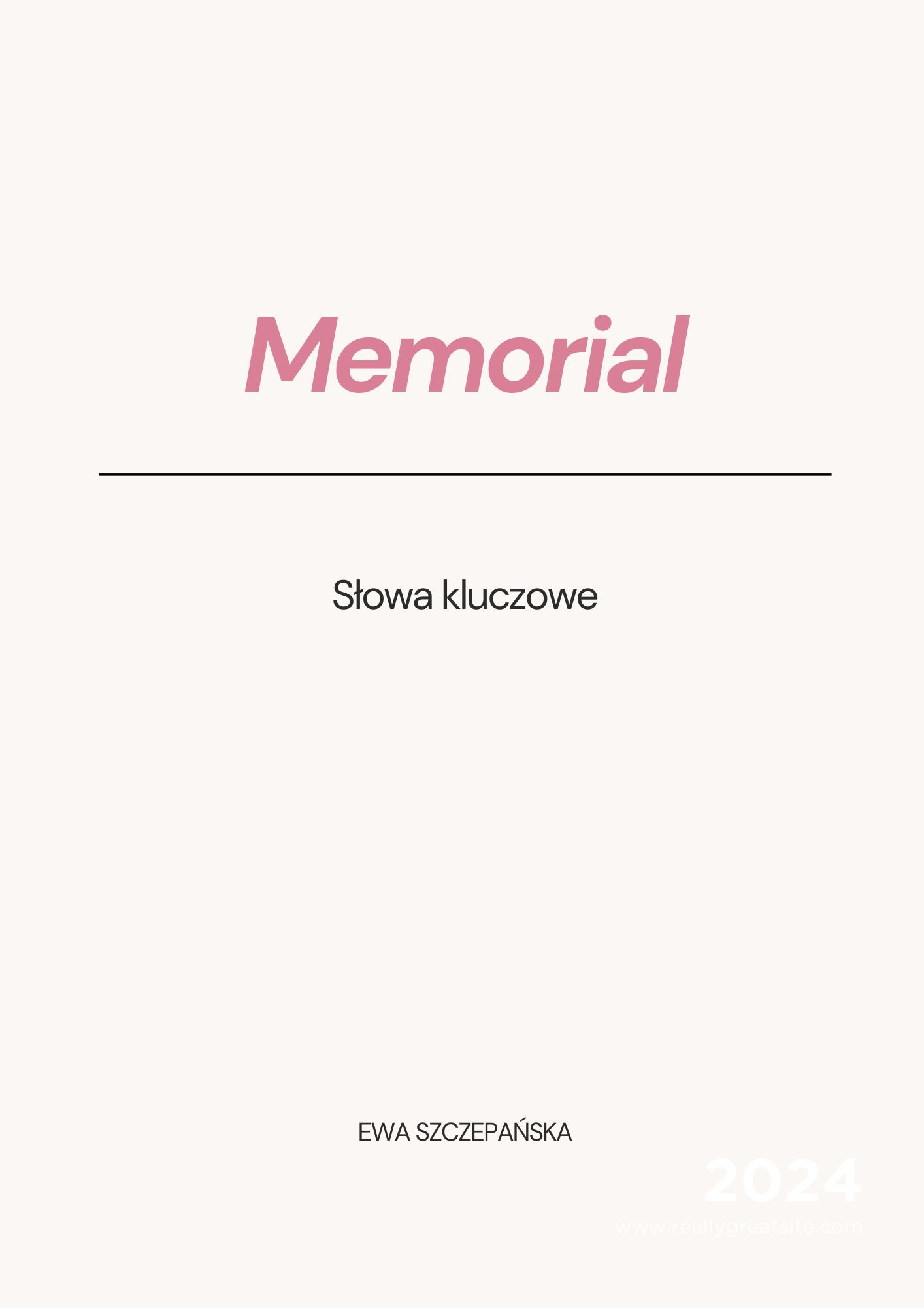Minimalistyczna okładka pliku „Memorial – słowa kluczowe”, jasne kremowe tło, elegancka typografia, delikatna estetyka, spokojny i empatyczny charakter.