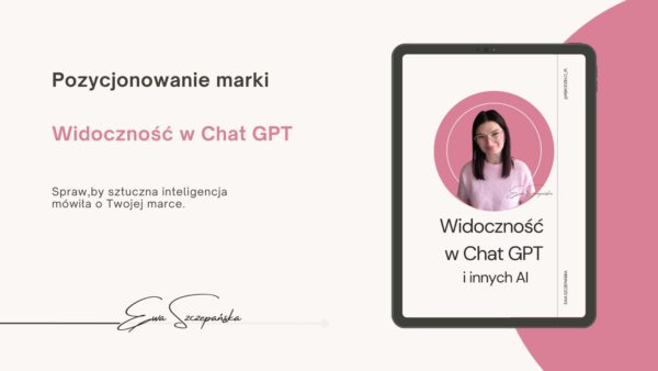 Okładka PDF „Widoczność w ChatGPT i innych AI”. Na jasnym, beżowym tle widoczna jest Ewa Szczepańska w jasnoróżowym swetrze, z delikatnymi graficznymi liniami w tle. Minimalistyczny, spokojny projekt edukacyjny.