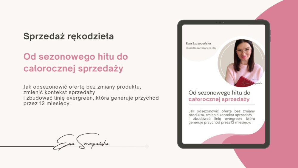 Oczywiście — poniżej masz trzy elementy gotowe do użycia na stronę sprzedaży lub do social mediów. --- ## ✅ ALT TEXT (SEO + dostępność) Grafika promująca warsztat online „Od sezonowego hitu do całorocznej sprzedaży” dla twórczyń rękodzieła z sezonową ofertą, uczący jak odsezonować produkt i sprzedawać przez 12 miesięcy w roku. --- ## ✅ Opis obrazka (np. pod grafikę / w poście) Grafika zapowiada warsztat „Od sezonowego hitu do całorocznej sprzedaży” skierowany do twórczyń rękodzieła, które sprzedają głównie w jednym sezonie (np. Q4, sezon ślubny, Wielkanoc). Szkolenie pokazuje, jak zmienić kontekst sprzedaży, zbudować linię evergreen i ustabilizować przychód bez zmiany produktu. --- ## ✅ Meta opis (do strony sprzedaży – 150–160 znaków) Warsztat dla twórczyń z sezonową ofertą. Dowiedz się, jak odsezonować produkt i sprzedawać przez 12 miesięcy w roku bez zmiany produkcji. --- Jeśli chcesz, mogę też przygotować: * wersję bardziej sprzedażową (pod reklamy), * albo wersję bardziej SEO-techniczną pod stronę lądowania.
