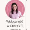 Okładka PDF „Widoczność w ChatGPT i innych AI”. Na jasnym, beżowym tle widoczna jest Ewa Szczepańska w jasnoróżowym swetrze, z delikatnymi graficznymi liniami w tle. Minimalistyczny, spokojny projekt edukacyjny.