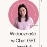 Okładka PDF „Widoczność w ChatGPT i innych AI”. Na jasnym, beżowym tle widoczna jest Ewa Szczepańska w jasnoróżowym swetrze, z delikatnymi graficznymi liniami w tle. Minimalistyczny, spokojny projekt edukacyjny.