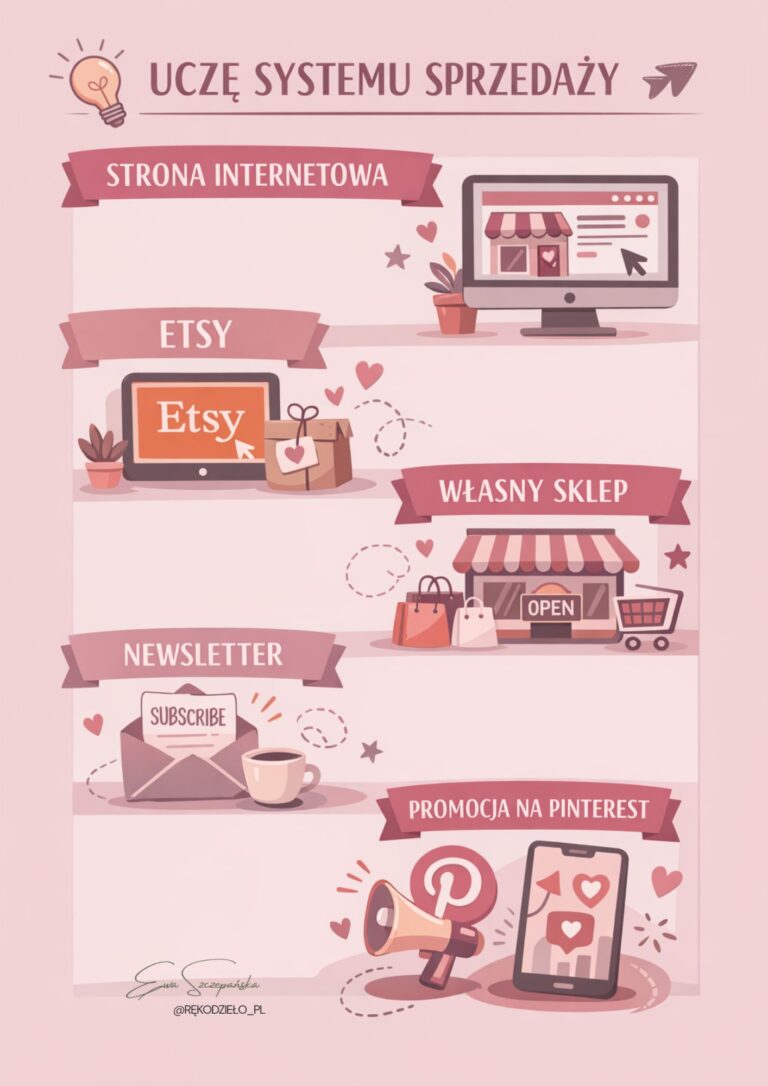 Pionowa infografika w odcieniach ciepłego i pudrowego różu przedstawiająca system sprzedaży online: strona internetowa, Etsy, własny sklep, newsletter oraz promocja na Pinterest. Każdy element pokazany jest jako część jednego, połączonego ekosystemu sprzedaży dla twórców rękodzieła.