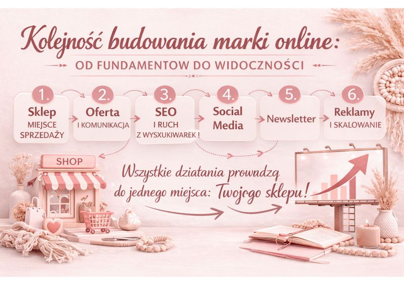 Kolejność budowania marki online - infografika pokazująca etapy budowy marki od sklepu i oferty przez SEO, social media, newsletter aż po reklamy i skalowanie sprzedaży.