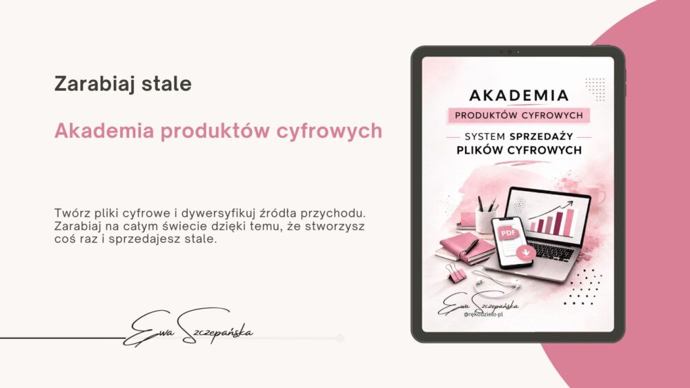 Okładka kursu „Akademia Produktów Cyfrowych – System sprzedaży plików cyfrowych” z laptopem, smartfonem z ikoną PDF i minimalistycznym różowo-czarnym designem.