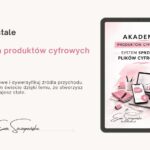 Okładka kursu „Akademia Produktów Cyfrowych – System sprzedaży plików cyfrowych” z laptopem, smartfonem z ikoną PDF i minimalistycznym różowo-czarnym designem.
