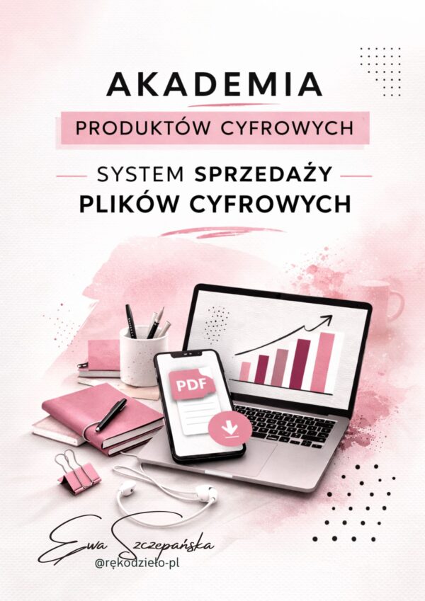 Akademia produktów cyfrowych Okładka kursu „Akademia Produktów Cyfrowych – System sprzedaży plików cyfrowych” z laptopem, smartfonem z ikoną PDF i minimalistycznym różowo-czarnym designem.