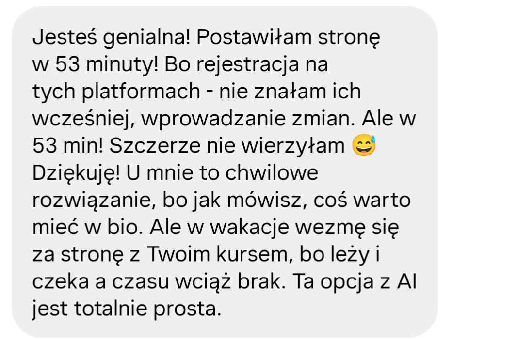 Opinia zadowolonej kursantki o kursie, w którym można postawić stronę ze sztuczną inteligencją