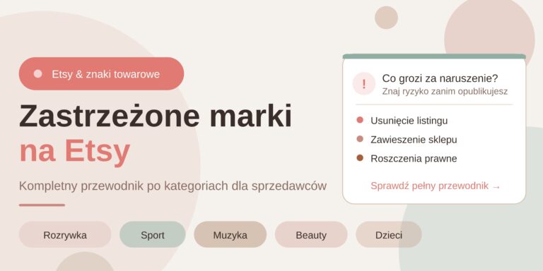 Grafika promująca wpis blogowy „Zastrzeżone marki na Etsy" w pastelowych kolorach różu i szałwii. Widoczne kategorie: rozrywka, sport, muzyka, beauty, dzieci oraz ostrzeżenie o konsekwencjach naruszeń.