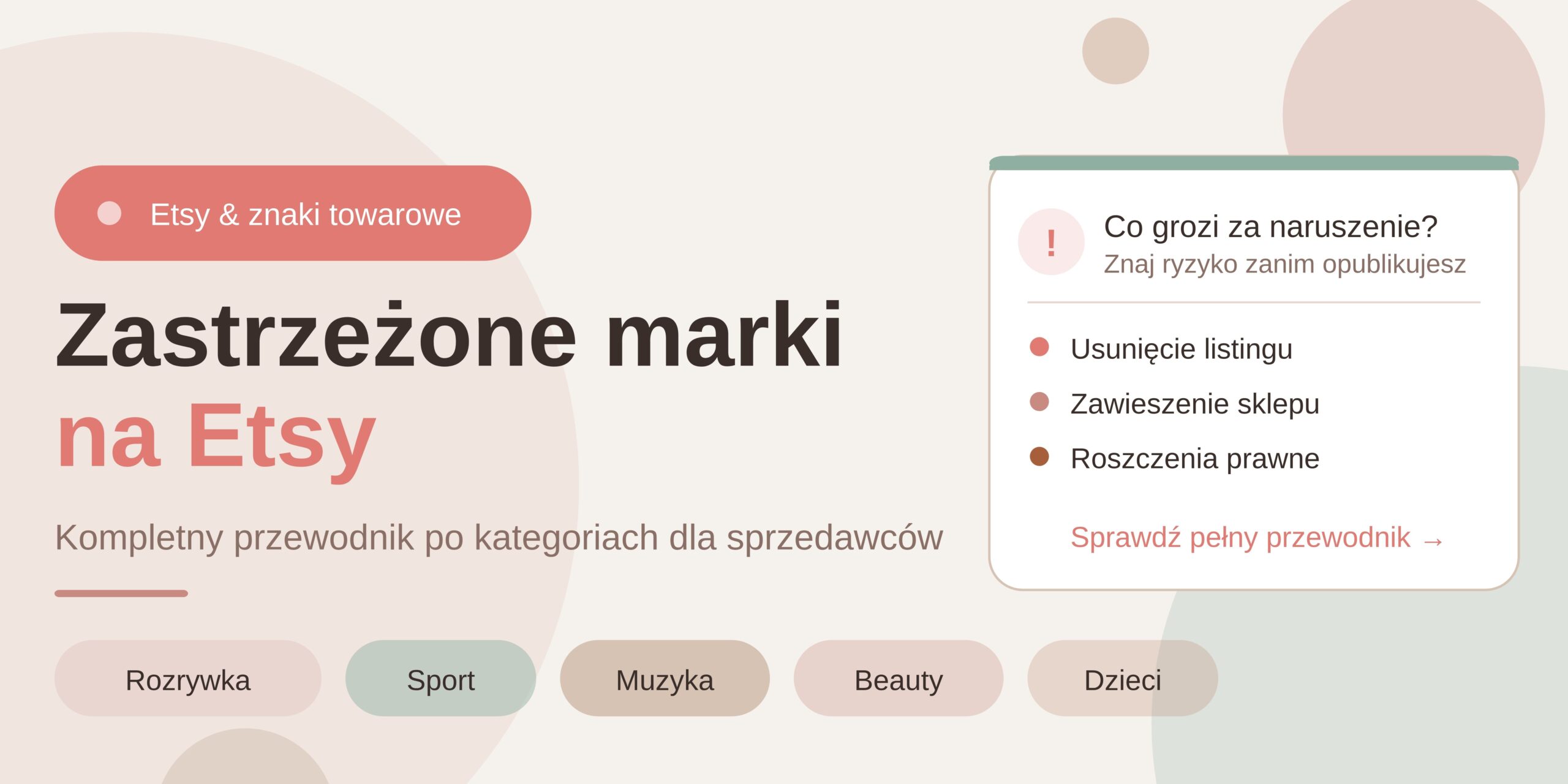 Grafika promująca wpis blogowy „Zastrzeżone marki na Etsy" w pastelowych kolorach różu i szałwii. Widoczne kategorie: rozrywka, sport, muzyka, beauty, dzieci oraz ostrzeżenie o konsekwencjach naruszeń.
